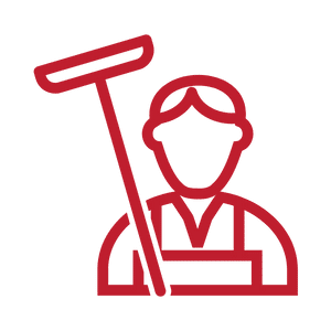Red professional house cleaner with broom icon.